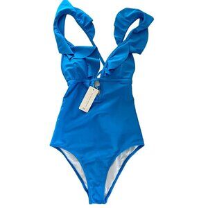 Cupshe Blue Ruffle Tie Back Plunging Neck Strappy One Piece Swimsuit XS NEW NWT